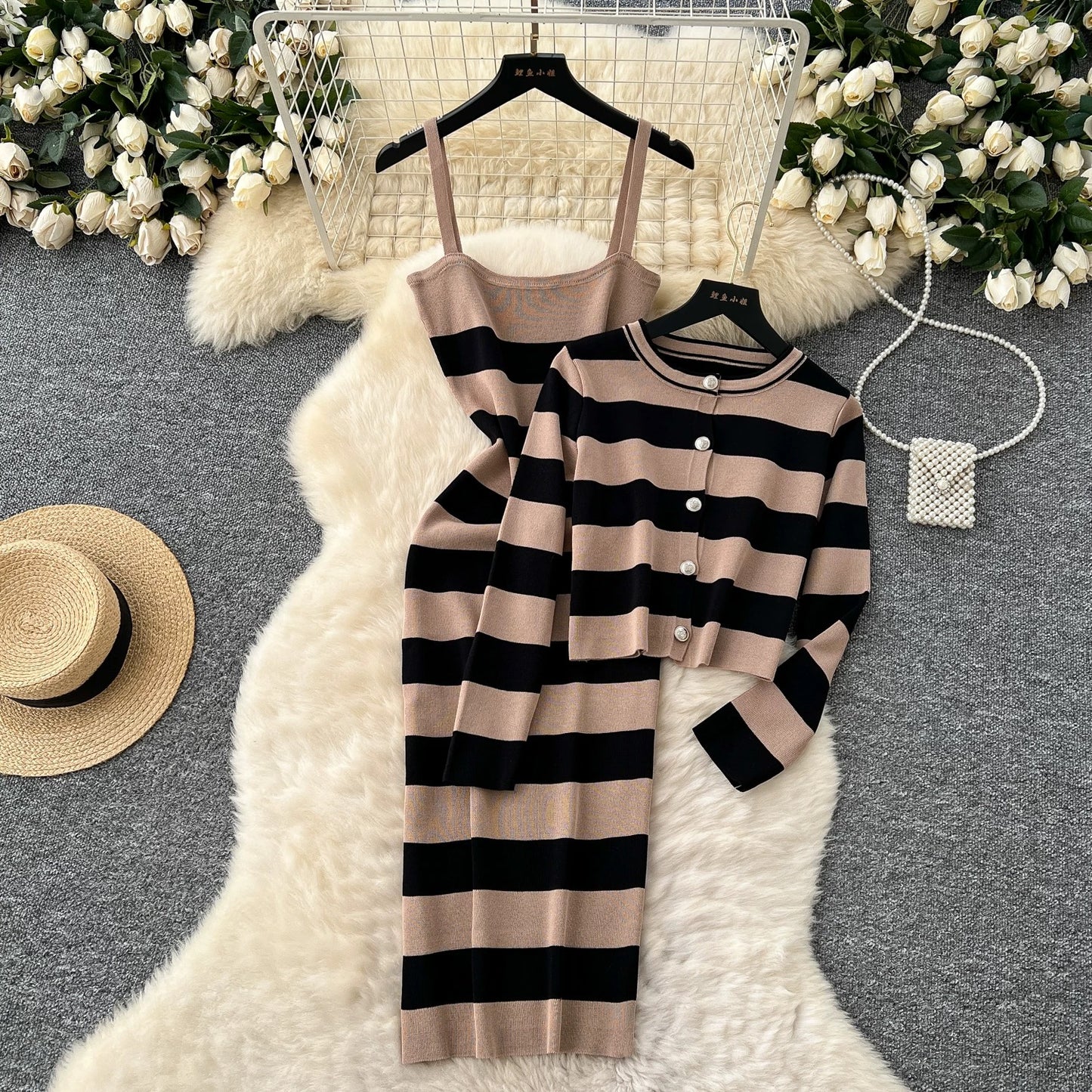 Korean chic fashion colorblock round neck long-sleeved striped cardigan jacket + waist slimming suspender knitted dress