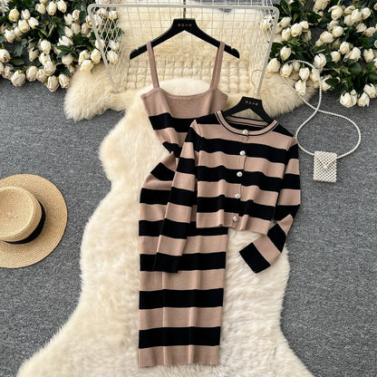 Korean chic fashion colorblock round neck long-sleeved striped cardigan jacket + waist slimming suspender knitted dress