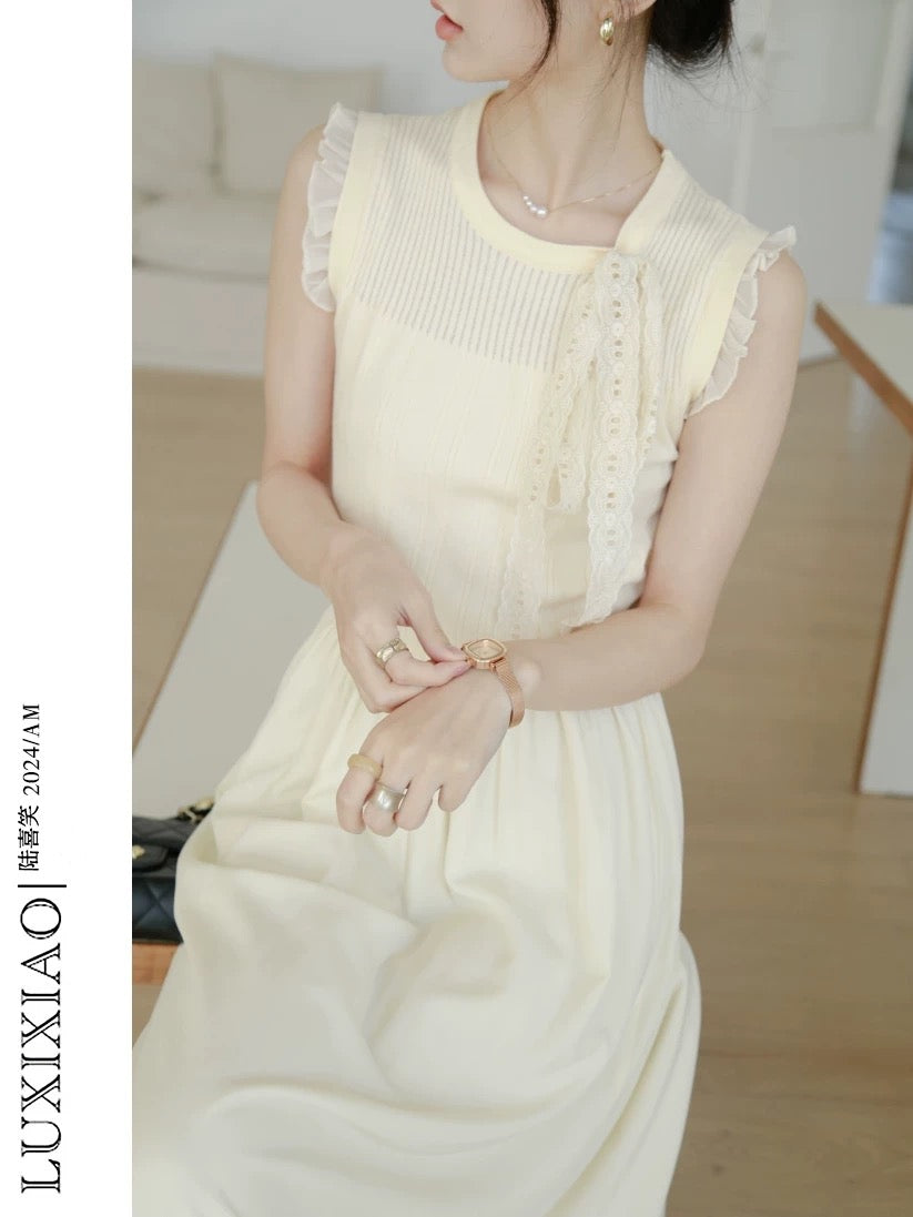 LUXIXIAO dress 2025 new style sleeveless bow design pullover round neck A-line long dress female Korean version
