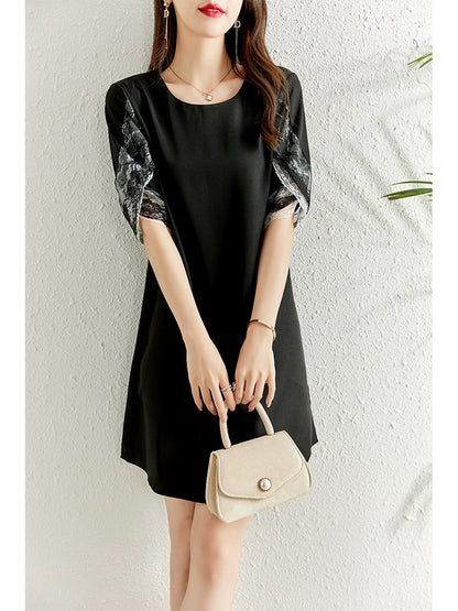 Fashionable splicing lace dress for women summer 2024 new fat mm belly-covering slimming casual straight little black dress