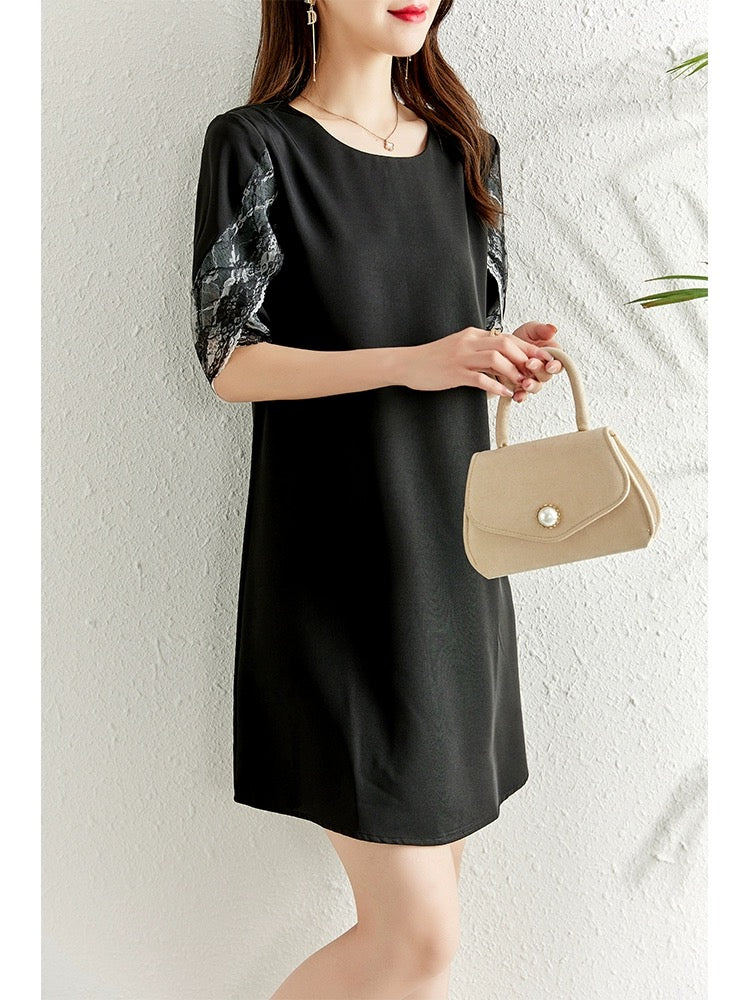 Fashionable splicing lace dress for women summer 2024 new fat mm belly-covering slimming casual straight little black dress