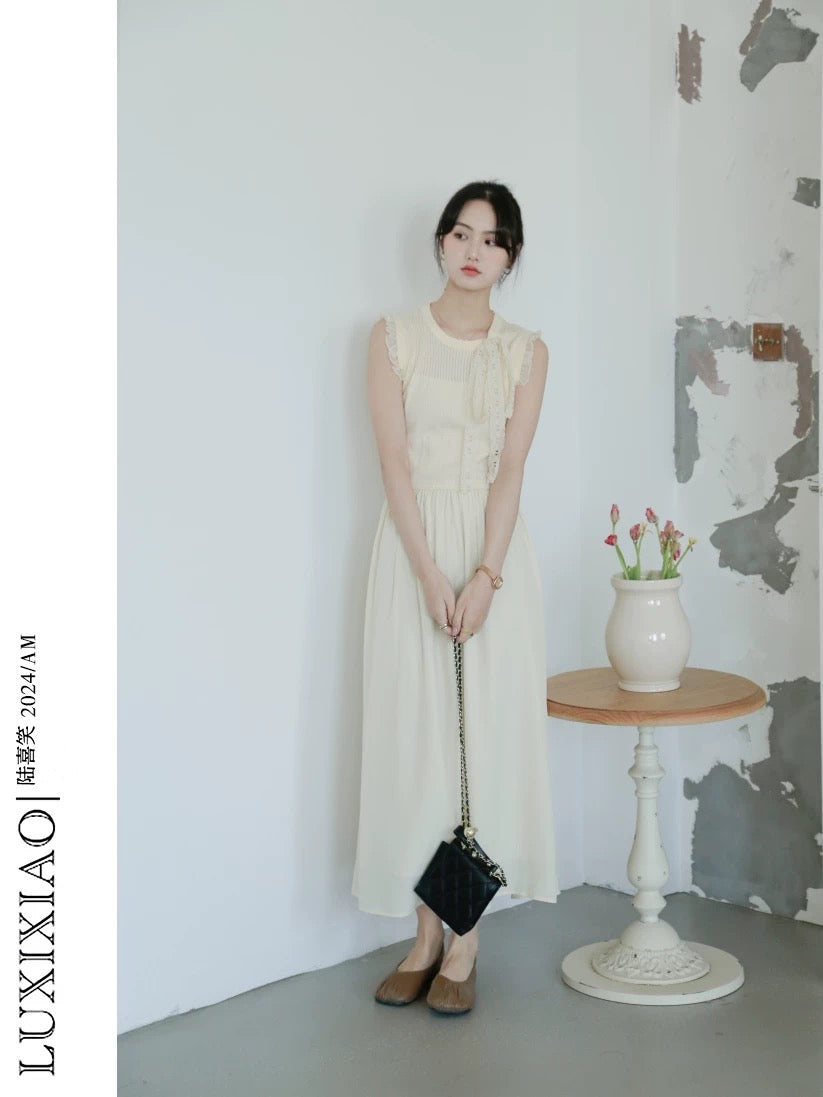 LUXIXIAO dress 2025 new style sleeveless bow design pullover round neck A-line long dress female Korean version