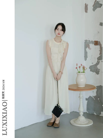 LUXIXIAO dress 2025 new style sleeveless bow design pullover round neck A-line long dress female Korean version