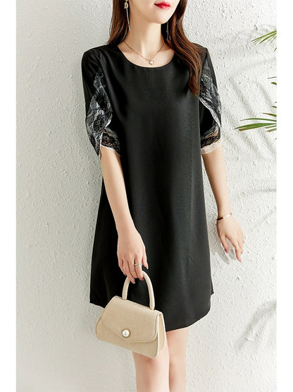 Fashionable splicing lace dress for women summer 2024 new fat mm belly-covering slimming casual straight little black dress