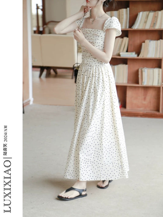 LUXIXIAO dress 2025 new loose flying sleeve design polka dot Korean square collar A-line long skirt for women