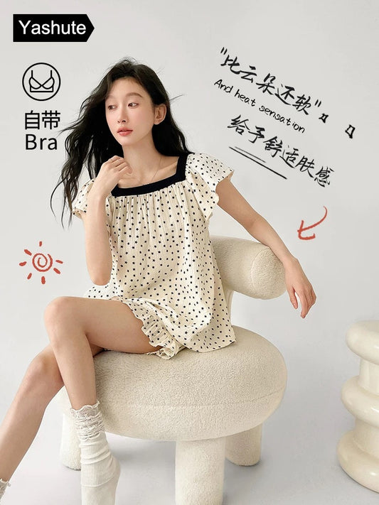 Pajamas for women, summer woven cotton camisole with chest pad set, sweet and fashionable, thin home wear that can be worn outside