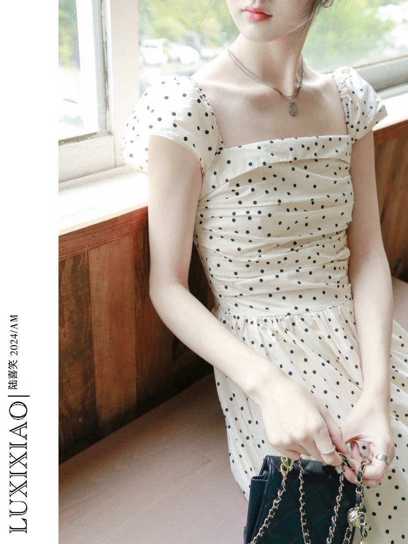 LUXIXIAO dress 2025 new loose flying sleeve design polka dot Korean square collar A-line long skirt for women