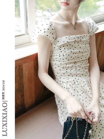 LUXIXIAO dress 2025 new loose flying sleeve design polka dot Korean square collar A-line long skirt for women