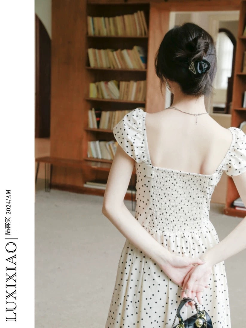 LUXIXIAO dress 2025 new loose flying sleeve design polka dot Korean square collar A-line long skirt for women