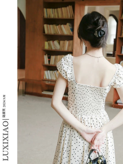 LUXIXIAO dress 2025 new loose flying sleeve design polka dot Korean square collar A-line long skirt for women