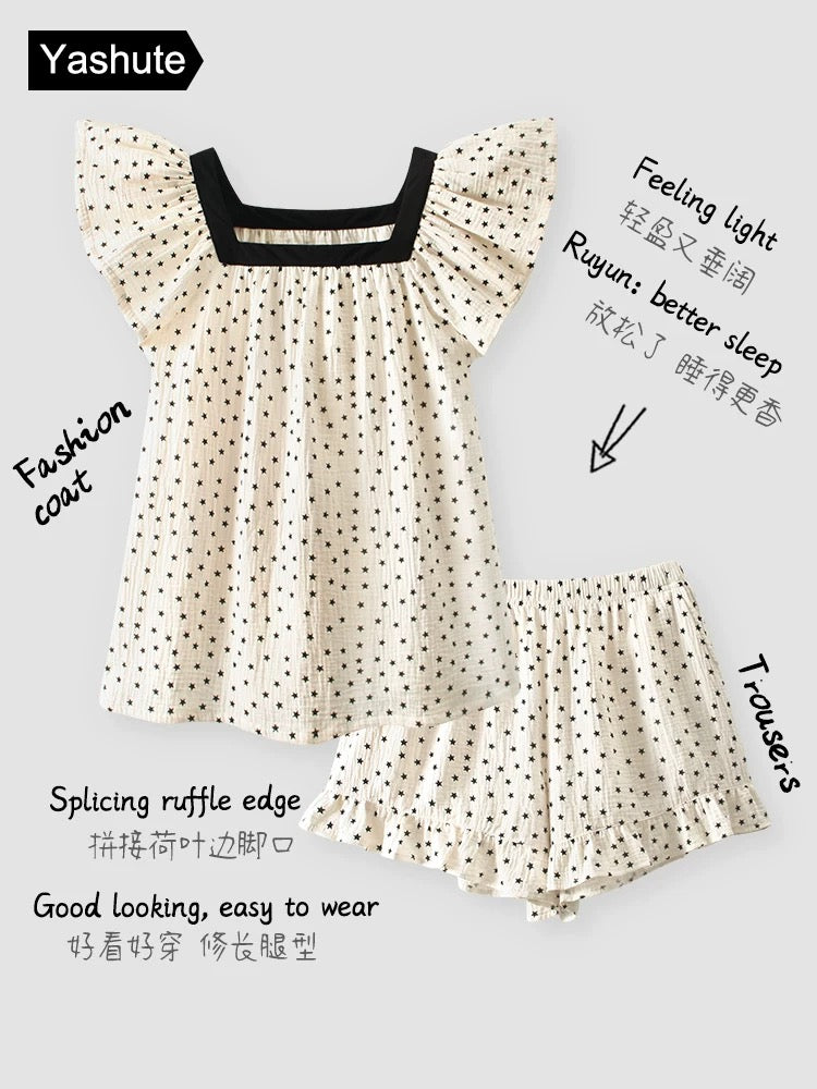 Pajamas for women, summer woven cotton camisole with chest pad set, sweet and fashionable, thin home wear that can be worn outside