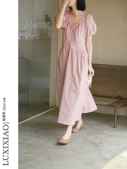 LUXIXIAO dress 2025 new loose double pocket design V-neck puff sleeve A-line shirt dress Korean version