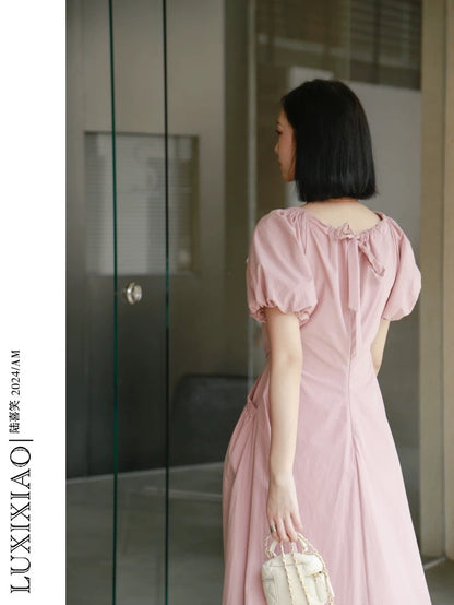 LUXIXIAO dress 2025 new loose double pocket design V-neck puff sleeve A-line shirt dress Korean version