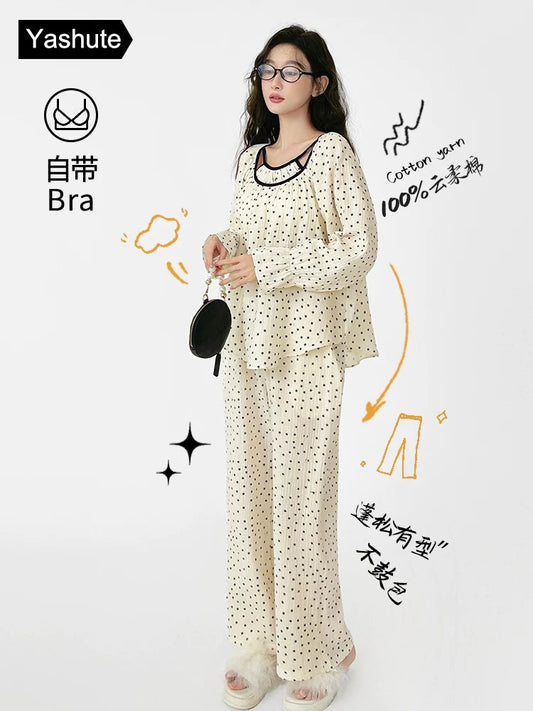 Pajamas with breast pads for women spring and autumn niche stars pure cotton gauze loose long-sleeved sweet home wear two-piece set summer