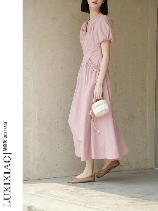 LUXIXIAO dress 2025 new loose double pocket design V-neck puff sleeve A-line shirt dress Korean version