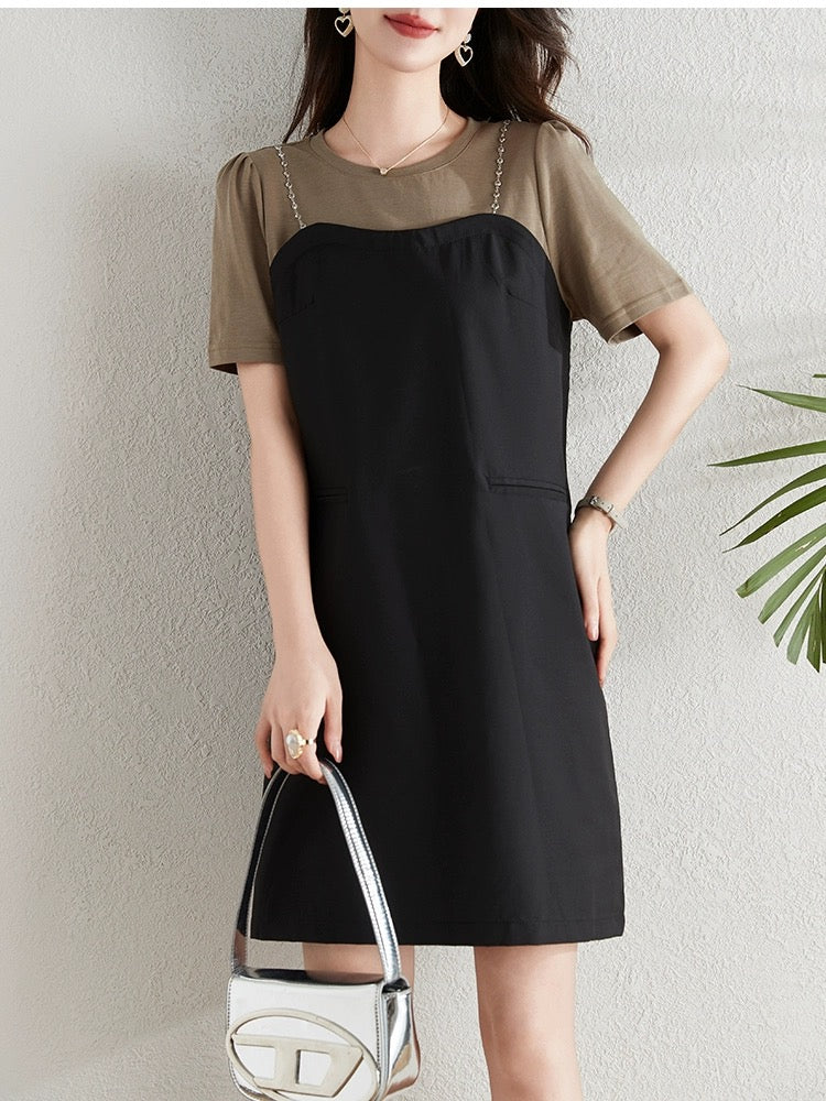 Contrast color splicing fake two-piece dress for women summer 2024 new fat mm loose belly-covering slim casual straight skirt