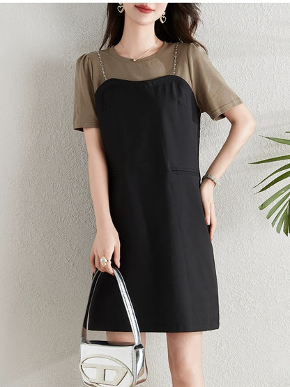 Contrast color splicing fake two-piece dress for women summer 2024 new fat mm loose belly-covering slim casual straight skirt