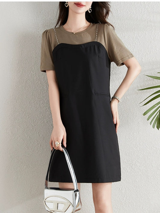 Contrast color splicing fake two-piece dress for women summer 2024 new fat mm loose belly-covering slim casual straight skirt