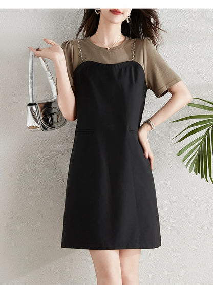 Contrast color splicing fake two-piece dress for women summer 2024 new fat mm loose belly-covering slim casual straight skirt
