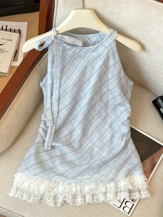 Blue temperament splicing lace pleated sleeveless shirt female summer new style super white western-style plaid chiffon top