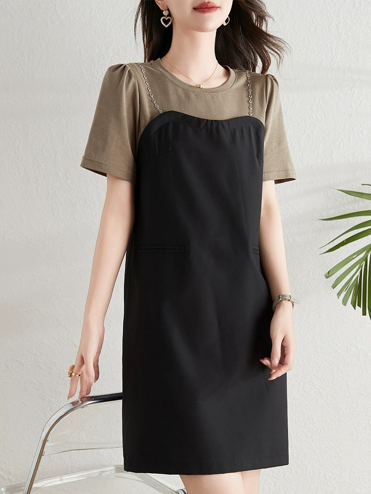 Contrast color splicing fake two-piece dress for women summer 2024 new fat mm loose belly-covering slim casual straight skirt