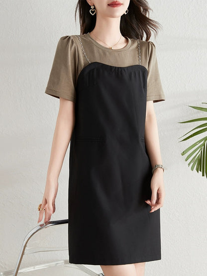 Contrast color splicing fake two-piece dress for women summer 2024 new fat mm loose belly-covering slim casual straight skirt
