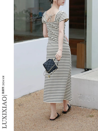 LUXIXIAO dress 2025 new loose square collar back tie design Korean version short-sleeved striped A-line skirt