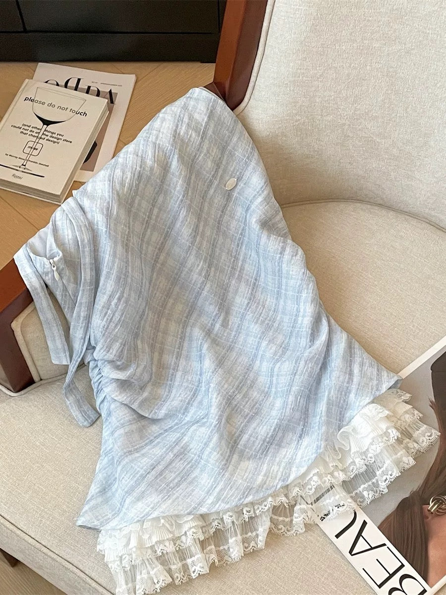 Blue temperament splicing lace pleated sleeveless shirt female summer new style super white western-style plaid chiffon top