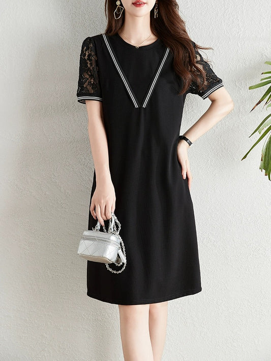 High-end lace splicing black dress for women summer 2024 new fat mm loose belly-covering slim casual skirt
