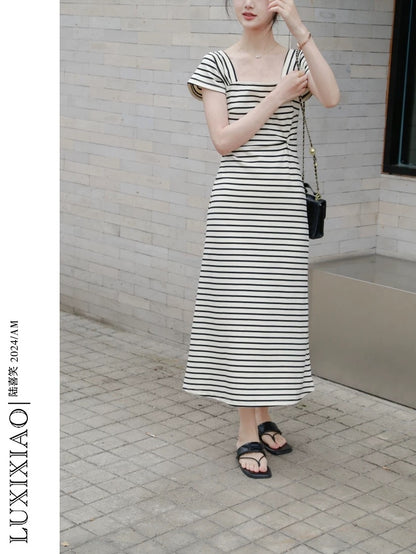 LUXIXIAO dress 2025 new loose square collar back tie design Korean version short-sleeved striped A-line skirt