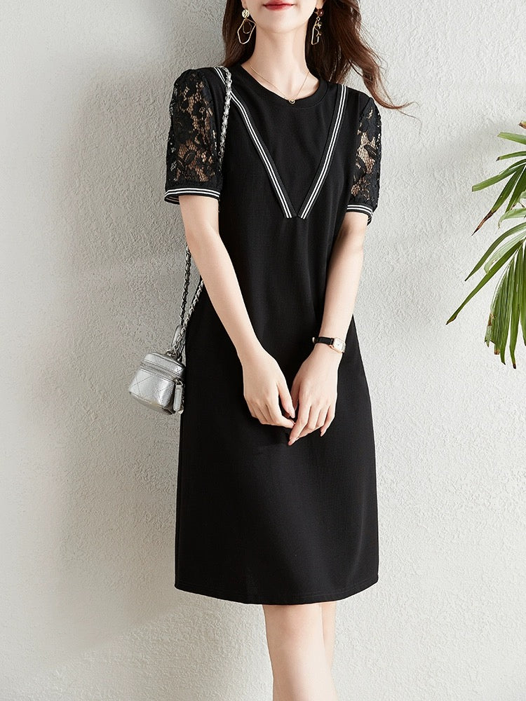 High-end lace splicing black dress for women summer 2024 new fat mm loose belly-covering slim casual skirt