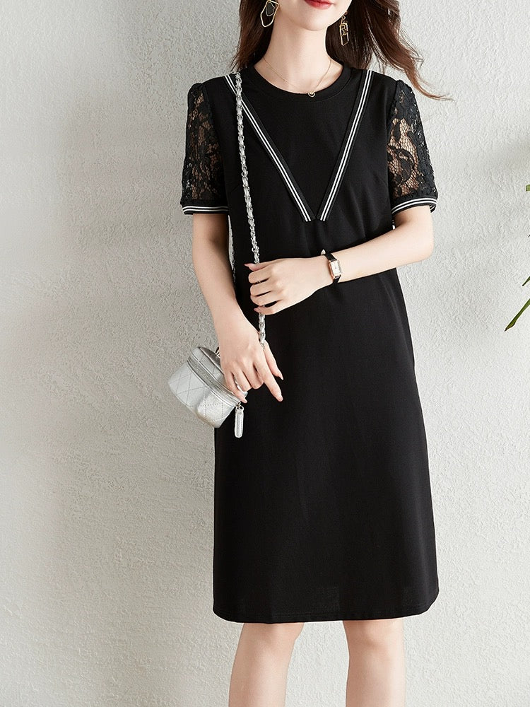 High-end lace splicing black dress for women summer 2024 new fat mm loose belly-covering slim casual skirt