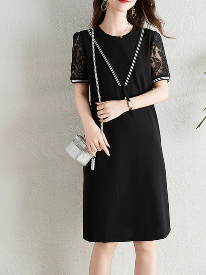 High-end lace splicing black dress for women summer 2024 new fat mm loose belly-covering slim casual skirt