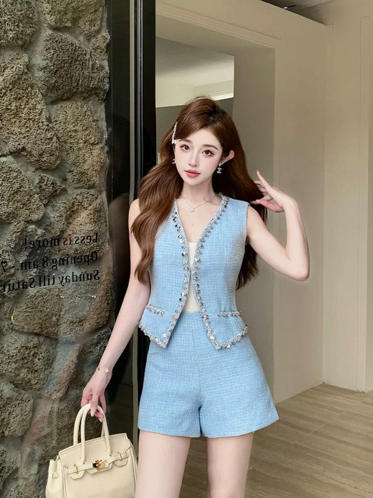 Shenzhen Nanyou Blue Heavy Industry Sequin Sleeveless Vest Top Qianjin Style Versatile Shorts Small Fragrance Style Suit Early Autumn