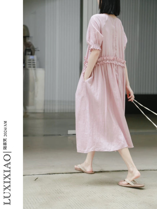 LUXIXIAO dress 2025 new loose puff sleeves bud design Korean version pullover round neck long dress for women