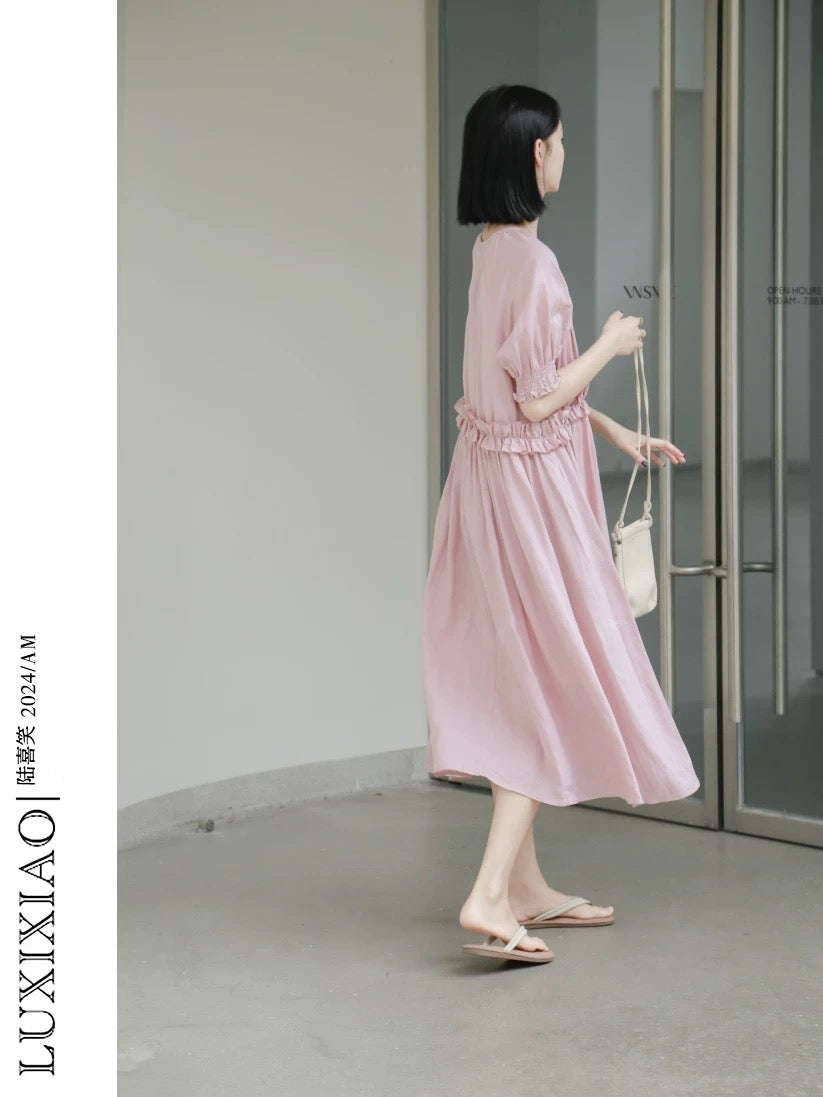 LUXIXIAO dress 2025 new loose puff sleeves bud design Korean version pullover round neck long dress for women