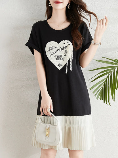 Love print design T-shirt dress for women summer 2024 Korean version fat mm loose belly-covering slim casual dress