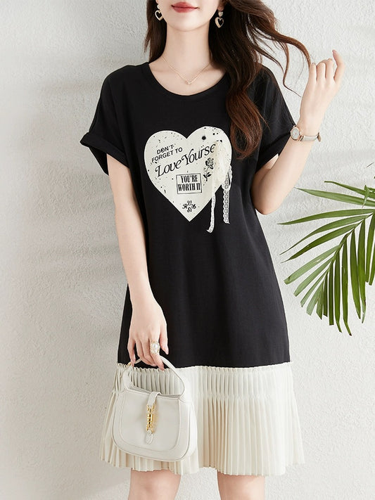 Love print design T-shirt dress for women summer 2024 Korean version fat mm loose belly-covering slim casual dress