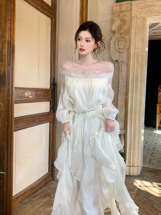 Good Job! 【Starry Sea Pearl】French Style Hot-Filmed Rhinestone Sequin Off-Shoulder Long-Sleeve Dress, Elegant Mesh Maxi Dress
