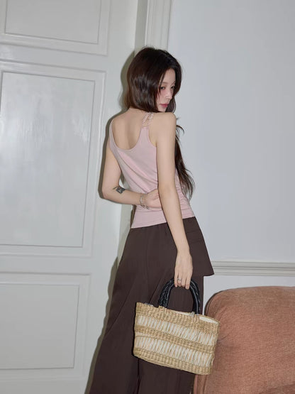 Chaochao's Design-Focused Pink Lace-Trim Camisole – Summer 2026 Premium Slim-Fit Top (Suitable for Outerwear)