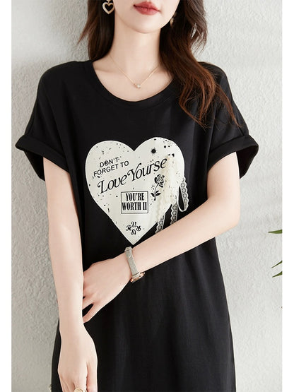 Love print design T-shirt dress for women summer 2024 Korean version fat mm loose belly-covering slim casual dress