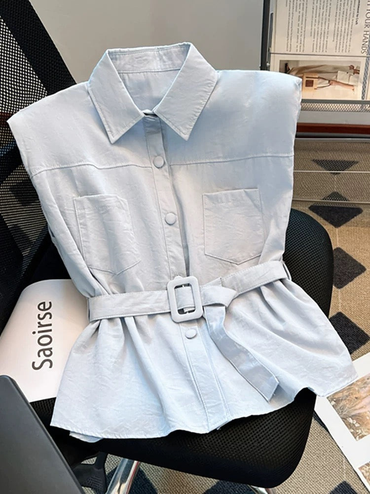 Recommended for self-retained items~ Sleeveless belted shirt for women, new summer style outerwear, temperament vest, small shirt, waist waistcoat top