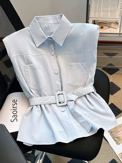 Recommended for self-retained items~ Sleeveless belted shirt for women, new summer style outerwear, temperament vest, small shirt, waist waistcoat top