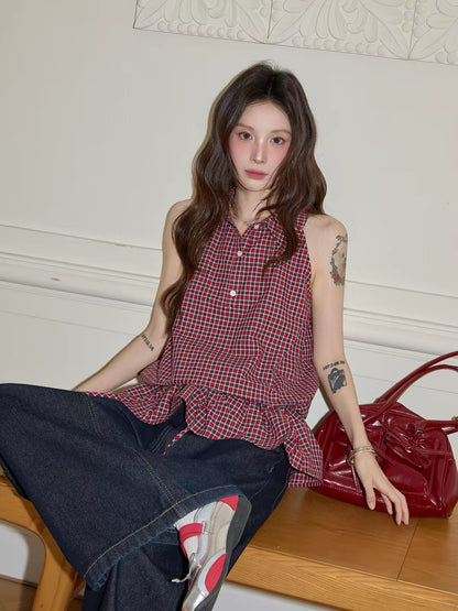 Chaochaojia Women's Red Plaid Halter-Neck Sleeveless Shirt – Summer Casual Loose-Fit Drawstring Off-Shoulder Top