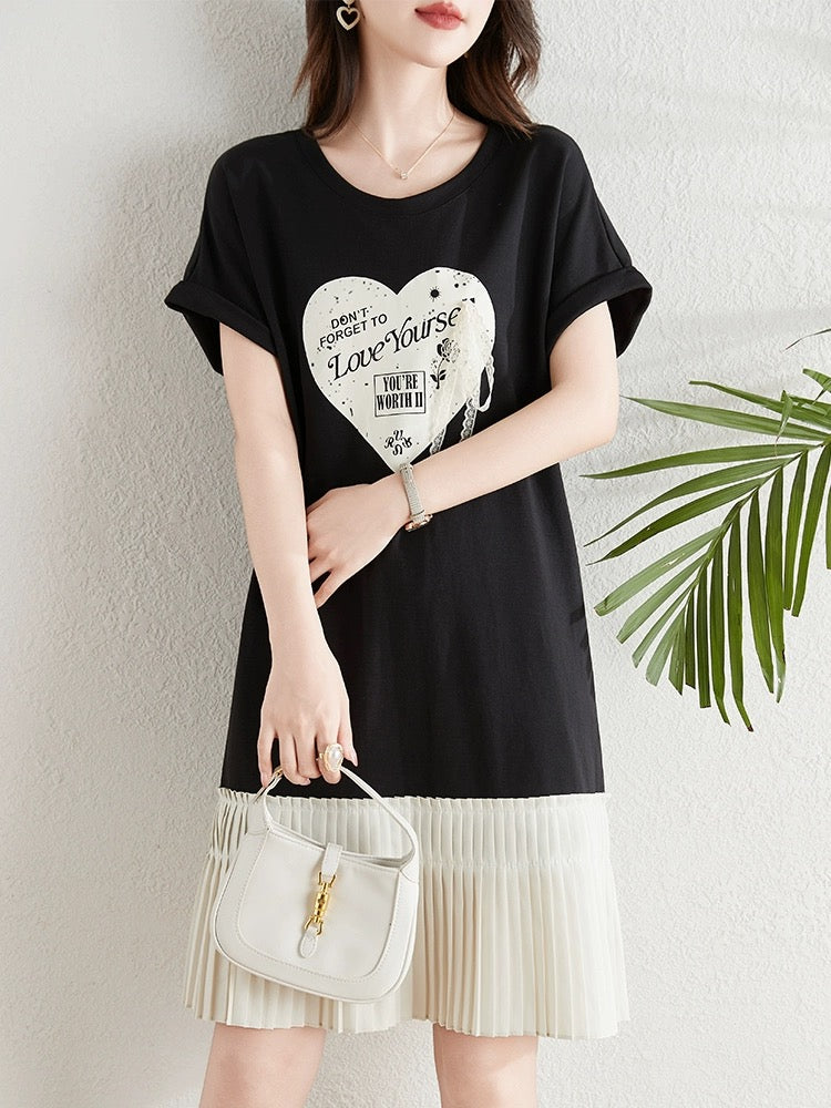 Love print design T-shirt dress for women summer 2024 Korean version fat mm loose belly-covering slim casual dress