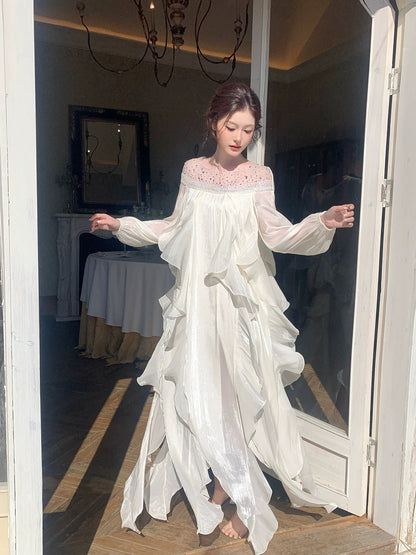 Good Job! 【Starry Sea Pearl】French Style Hot-Filmed Rhinestone Sequin Off-Shoulder Long-Sleeve Dress, Elegant Mesh Maxi Dress