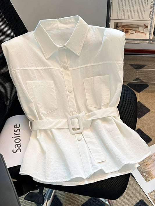 Recommended for self-retained items~ Sleeveless belted shirt for women, new summer style outerwear, temperament vest, small shirt, waist waistcoat top