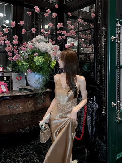 French style acetate satin slip dress for women, new summer 2026, elegant lace-trimmed bodycon fishtail maxi skirt.