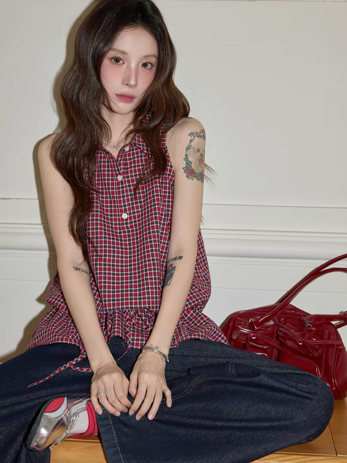 Chaochaojia Women's Red Plaid Halter-Neck Sleeveless Shirt – Summer Casual Loose-Fit Drawstring Off-Shoulder Top