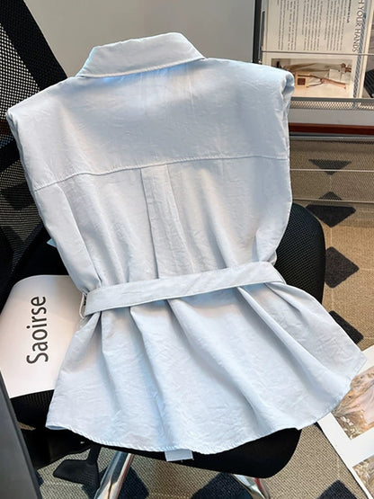 Recommended for self-retained items~ Sleeveless belted shirt for women, new summer style outerwear, temperament vest, small shirt, waist waistcoat top